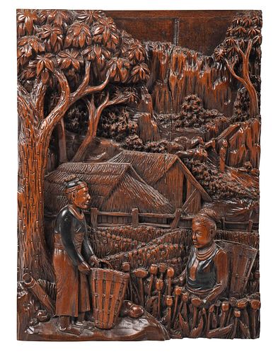 Chinese Relief Carved Wooden Hanging Wall Plaque
