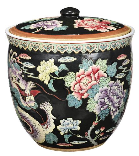 Large Chinese Famille Noire Porcelain Lidded Jar