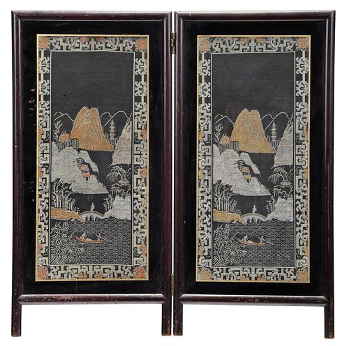 Chinese Wood and Embroidered Silk Two Panel Screen