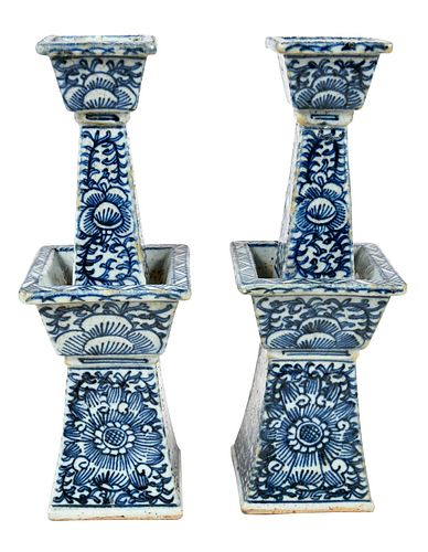 Pair of Chinese Blue and White Candlesticks