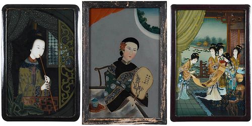 Three Framed Chinese Reverse Glass Paintings