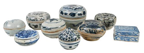 Nine Chinese Blue and White Paste Boxes and Jars