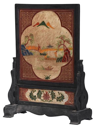 Chinese Wood and Painted Stone Table Screen