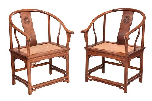 Pair Chinese Carved Figured Horseshoe Back Armchairs
