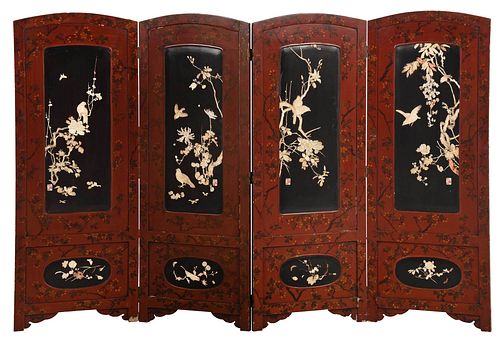 Asian Lacquered Mother of Pearl and Ivory Room Screen