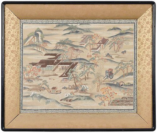 Framed Japanese Embroidered Landscape Panel