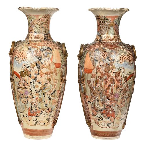 Pair Large Japanese Satsuma Vases