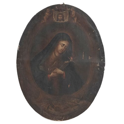 ANÓNIMO Virgen Dolorosa con Arma Christi (Stabat Mater Dolorosa) SXVIII Óleo sobre tela Diseño oval Enmarcado