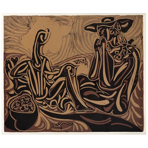 PABLO PICASSO, Les Vendangeurs, fromt he binder 1963, Unsigned, Linocut w/o print number from edition of 520, 10.6 x 12.5" (27 x 32 cm) image | PABLO 