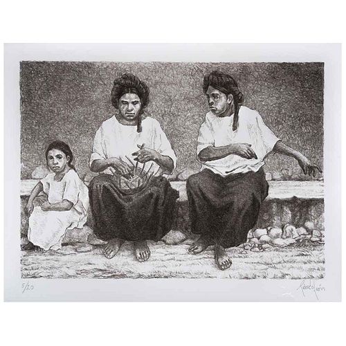 RICARDO LEÓN, 2 mujeres con niña, Signed, Lithography in 1 color 5/20, 13.3 x 18.7" (34 x 47.5 cm) image / 16.1 x 21.2" (41 x 54 cm) paper, Stamp | RI