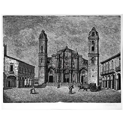 LEOPOLDO MÉNDEZ, Catedral de La Habana, Signed, Woodcut w/o print number, 12.2 x 16.1" (31 x 41 cm) image/ 13.3 x 17.1" (34 x 43.5 cm) paper | LEOPOLD
