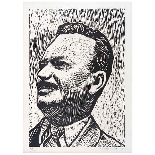 ALFREDO ZALCE, Lázaro Cárdenas, Signed and dated 1984, Woodcut 2 / 30, 13.3 x 9" (34 x 23 cm) image/ 14.9 x 10.6" (38 x 27 cm) paper | ALFREDO ZALCE, 