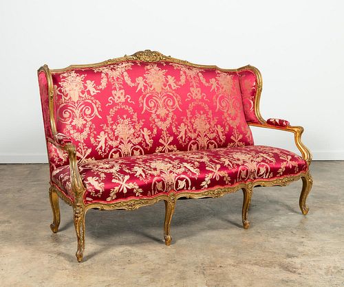 19TH C. SCALAMANDRE UPHOLSTERED GILTWOOD CANAPE