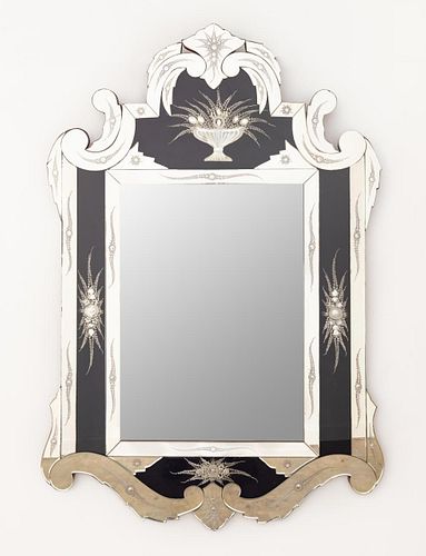 VENETIAN STYLE FLORAL ETCHED MIRROR W/ BLUE PANELS