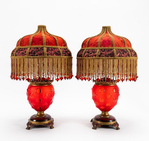 PR. KATHLEEN CAID RUBY GLASS LAMPS, BEADED SHADES
