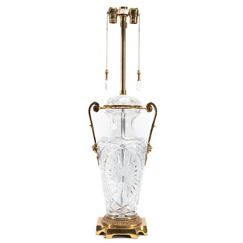 CUT CRYSTAL & BRASS TABLE LAMP, VICTORIAN SHADE