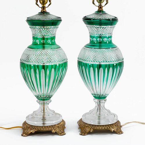 PR., AJKA CASED EMERALD CUT-TO-CLEAR TABLE LAMPS