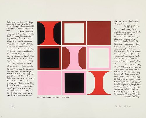 Kreutz, Heinz Fünf Farbfolgen über das Farbkontinuum mit Texten über Farbe. 1972. Mappe mit 5 Farbserigraphien auf glattem Karton. Blattmaße je 49,5 x