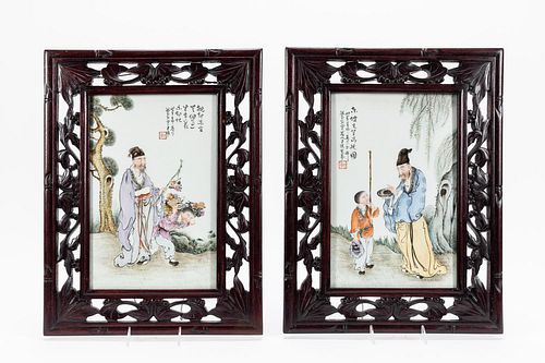 PAIR, CHINESE FIGURAL PORCELAIN WALL PLAQUES