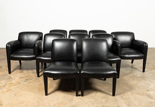 SET, TEN DONGHIA BLACK LEATHER DINING CHAIRS