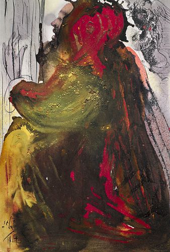 Dalí, Salvador Biblia Sacra. Vulgatae editionais. Mit 105 Lithographien nach Gouachen. 5 Bände. Geglättete grüne Orig.-Kalblederbände mit floraler RVe
