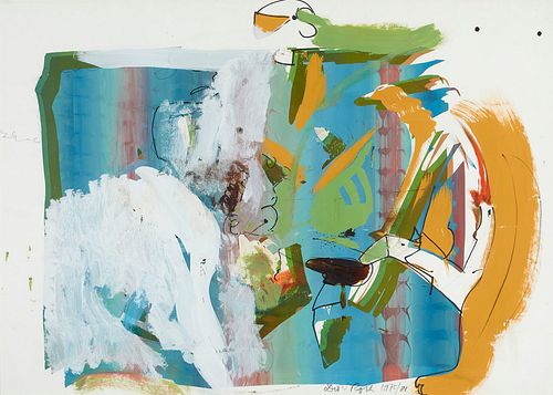 Roth, Dieter o.T. 1975/81. Acryl, Graphitstift, Mischtechnik und Collage über Farbserigraphie auf Papier. 70 x 98 cm. Signiert und datiert. Unter Glas