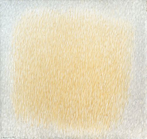 Henning, Gerda Gelb auf Grau. 1984. Öl auf Leinwand. 75 x 79,5 cm. Signiert und datiert, nochmals verso am Keilrahmen signiert sowie zusätzlich auf Et