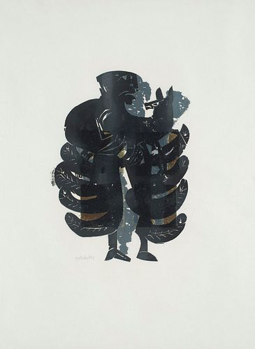 Grishaber, Helmut Andreas Paul Tierengel. 1965. Holzschnitt mit Blattgoldübermalung auf Papier. 35,2 x 24,5 cm. (66,5 x 51 cm Sichtmaß). Signiert. Unt