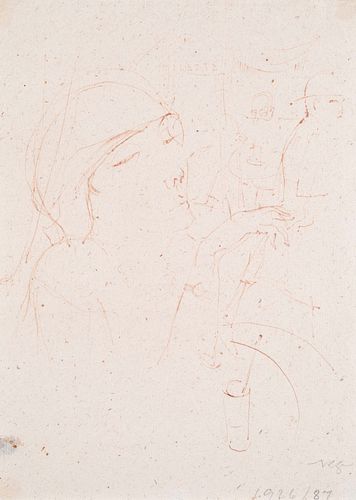 Ziegler, Richard o.T. (Frau mit Café). 1926 - 1987. Tuschfederzeichnung in Sepia auf Papier. 22,5 x 16,2 cm. Monogrammiert und datiert "1926/87". Punk