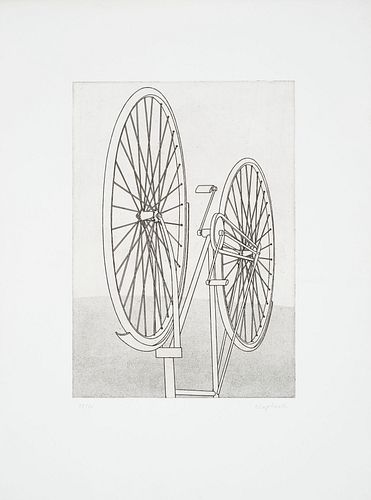 Klapheck, Konrad Fahrrad I. Die Fragwürdigkeit des Ruhms. Radierung auf Hahnemühle (mit Wasserzeichen). 47 x 33 cm (75,5 x 56 cm). Signiert u. nummeri