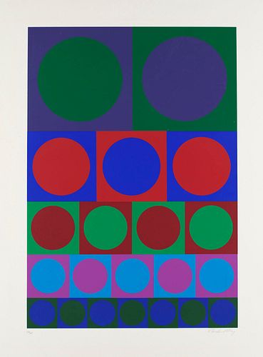 Vasarely, Victor o.T. (geometrische Komposition). Farbserigraphie auf chamoisfarbenem Karton. 60 x 42 cm (80 x 60 cm). Signiert und nummeriert. - Im w