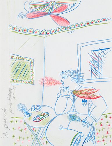 Fassianos, Alekos Dans le café. 1984. Farbstift auf chamoisfarbenem Bütten. 29,5 x 22,5 cm. Signiert, datiert sowie auf griechisch bezeichnet. Verso m