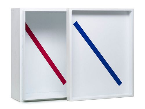 Ruthenbeck, Reiner Farbige Metallstreifen exakt diagonal. 1987. Mit 2 farbigen Metallstreifen auf Holzbox montiert sowie zwei Serigraphien. Maße der M