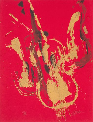 Arman (Armand Pierre Fernandez) o.T. 1973. Farbserigraphie auf rotem Karton. 65 x 50 cm (65 x 50 cm). Signiert und nummeriert. - Verso Spuren einer al