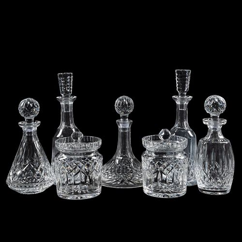 WATERFORD CRYSTAL DECANTERS & BISCUIT BARRELS, 7PC