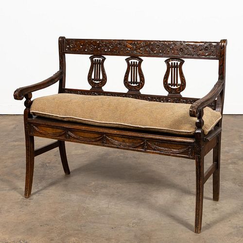 NEOCLASSICAL STYLE LYRE MOTIF CARVED WOOD SETTEE