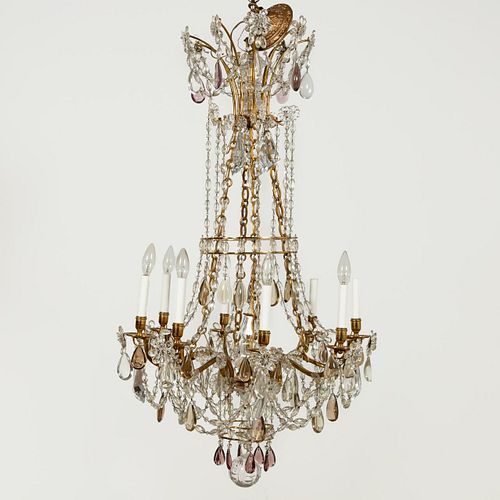 LOUIS XVI STYLE GILT & COLORED CRYSTAL CHANDELIER