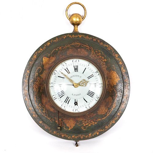 19TH C. FRENCH MONTJOYE GREEN TOLE WALL CLOCK