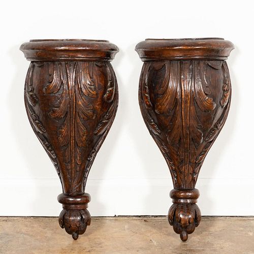 PAIR 19TH C. ACANTHUS LEAF CARVED HANGING BRACKETS