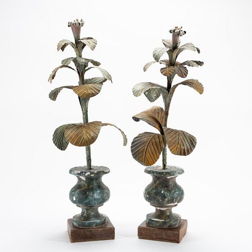 PAIR OF TOLE TOPIARIES IN FAUX PAINTED URNS