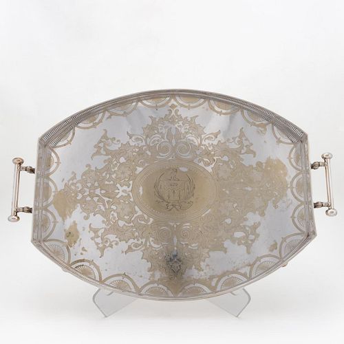 LARGE ENGLISH ARMORIAL SILVERPLATE GALLERY TRAY