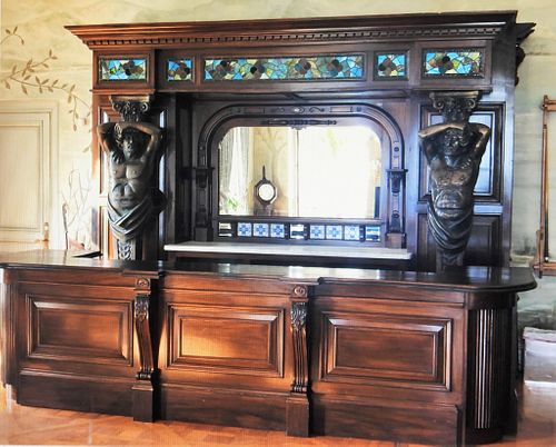 Newport Mansion Mahogany Stained Glass Bronze Bar Back