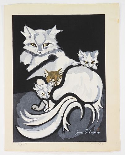 Junichiro Sekino Cat Woodblock Print