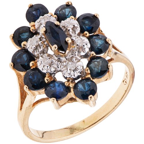RING WITH SAPPHIRES AND DIAMONDS IN 14K YELLOW GOLD Round and marquise cut sapphires ~1.60 ct, 8x8 cut diamonds ~0.05 ct | ANILLO CON ZAFIROS Y DIAMAN