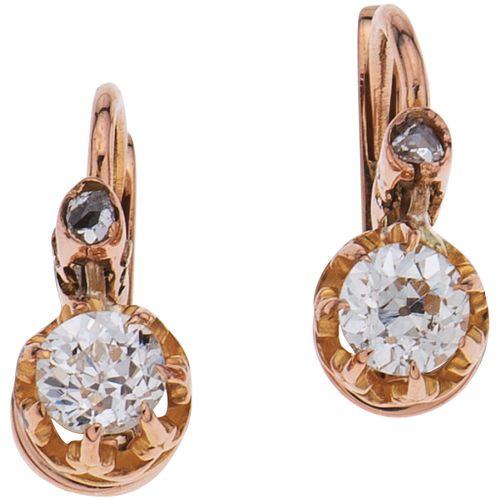 PAIR OF EARRINGS WITH DIAMONDS IN 18K PINK GOLD Antique cut diamonds and slabs ~0.30 ct. Weight: 1.9 g | PAR DE ARETES CON DIAMANTES EN ORO ROSA DE 18
