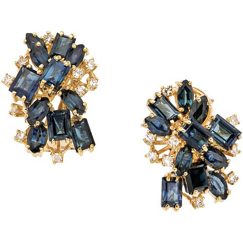 PAIR OF EARRINGS WITH SAPPHIRES AND DIAMONDS IN 14K YELLOW GOLD Marquise and rectangular cut sapphires ~3.0 ct, 8x8 cut diamonds | PAR DE ARETES CON Z
