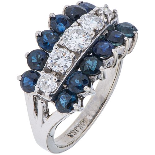 RING WITH SAPPHIRES AND DIAMONDS IN 14K WHITE GOLD 1 Brilliant cut diamond ~0.24 ct Clarity: I2-I3, Round cut sapphires | ANILLO CON ZAFIROS Y DIAMANT