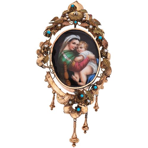 RELIQUARY WITH CULTURED PEARLS, TURQUOISE, ENAMEL AND ACRYLIC IN 10K YELLOW GOLD Weight: 36.2 g | RELICARIO CON PERLAS CULTIVADAS, TURQUESAS, ESMALTE 