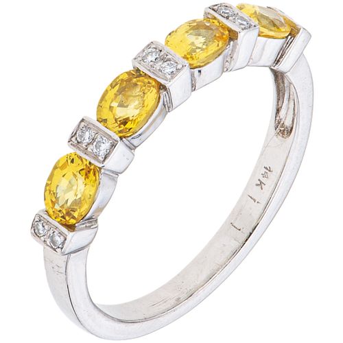 RING WITH SAPPHIRES AND DIAMONDS IN 14K WHITE GOLD Oval cut yellow sapphires ~0.60 ct, Brilliant cut diamonds Size: 6 | ANILLO CON ZAFIROS Y DIAMANTES
