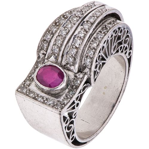 RING WITH RUBY AND DIAMONDS IN PALLADIUM SILVER 1 Oval cut ruby ~0.40 ct, 8x8 cut diamonds ~0.40 ct. Weight: 8.8 g. Size: 6 ½ | ANILLO CON RUBÍ Y DIAM